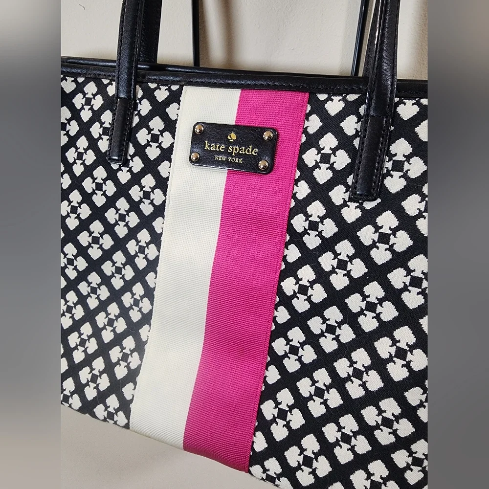 Kate Spade Jaquard Floral Signature Black Pink Leather Purse Tote - Picture 3 of 11
